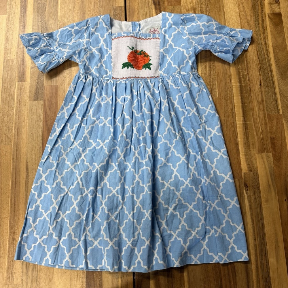 Smocked or Not Girls Size 6 Blue Pumpkin Smocked Fall Thanksgiving Dress